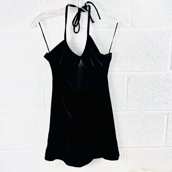 Zara Black Velvet Open Cut Front Halter Tie Mini Dress Sz S - Picture 1 of 8
